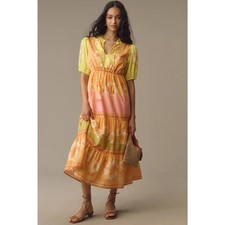 NWT Farm Rio x Anthropologie Short-Sleeve Tiered Midi Dress $238 XXS Yellow