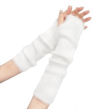 Furry Winter Arm Warmers Women Girl - Cute Fingerless Gloves Fuzzy Soft White