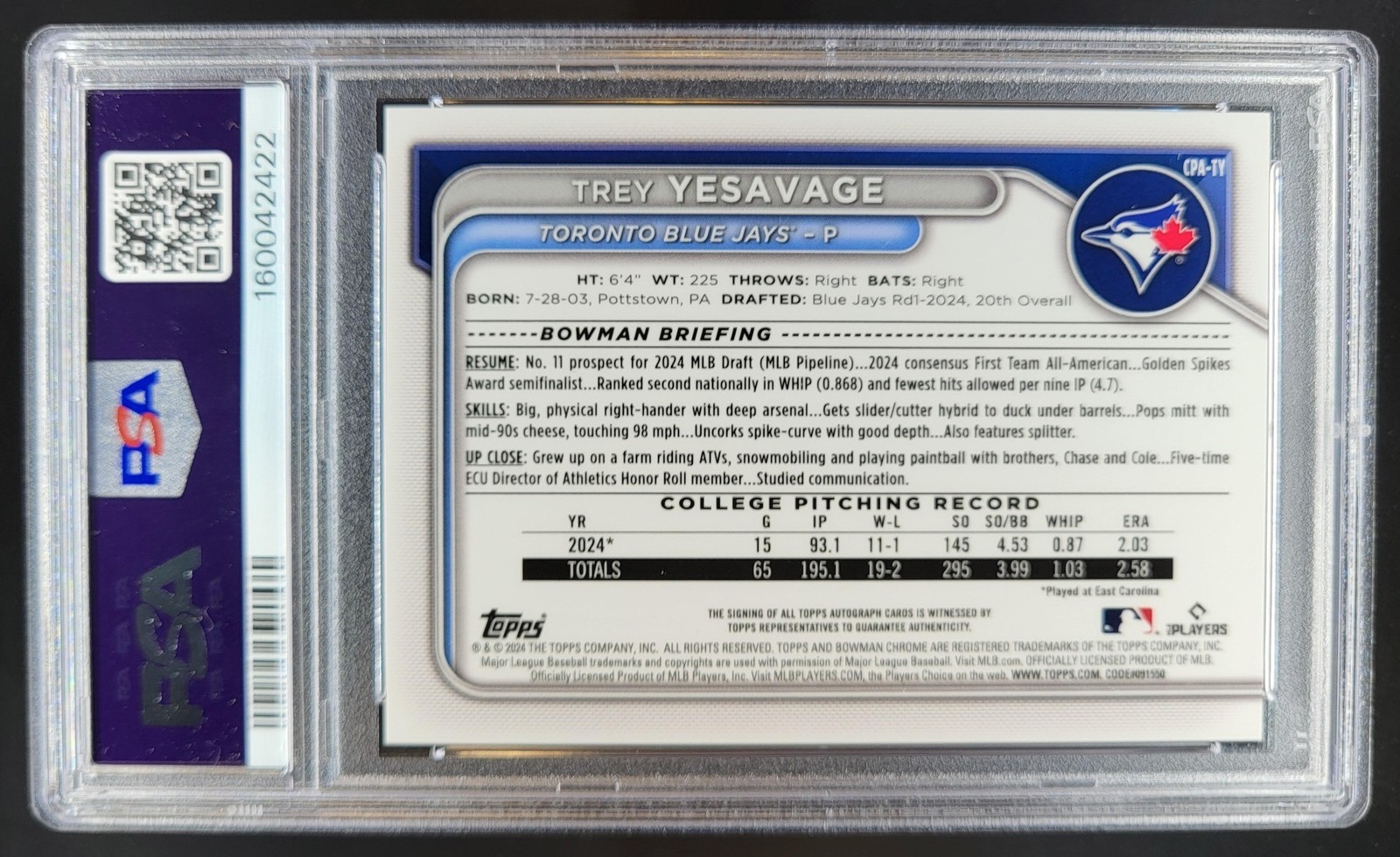 2024 Bowman Draft Trey Yesavage Chrome Auto Yellow Refractor /75 1st PSA 9 RM5 view 2