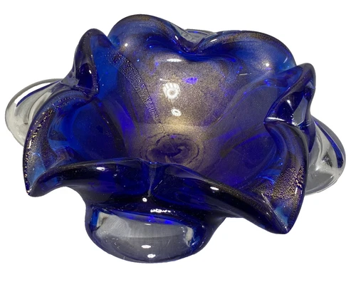 Vintage Italian Venetian Murano Glass Bowl 9.25" Cobalt Blue w/ Gold Aventurine