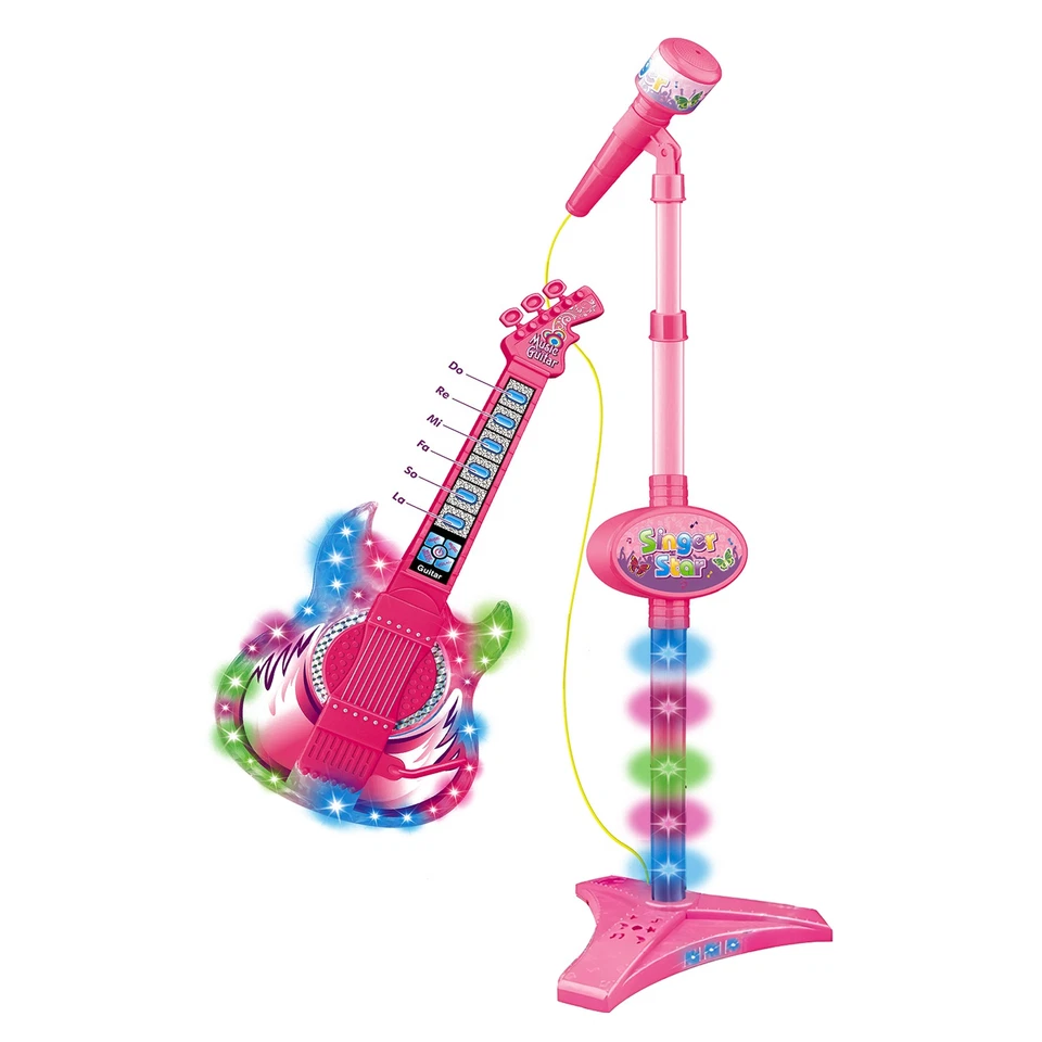 Micrófono de guitarra de rock rosa juguete de música de escenario niñas luces coloridas juguetes musicales Foto 3 de 4