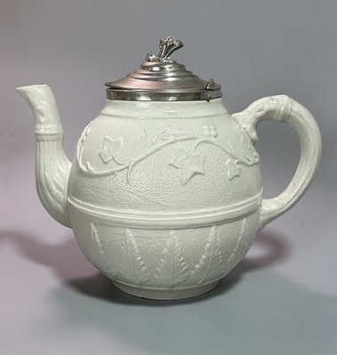 Antique Stoneware Relief Tea Pot Pewter Lid 19thC England