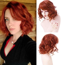 Women Short Red Synthetic Curly Red Bob Hair Wig Full Head Halloween Cosplay Wig
