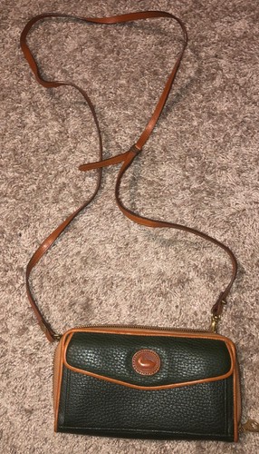 Vtg Dooney & Bourke Leather Forest Green RARE Zippy Wallet w/ Crossbody Strap