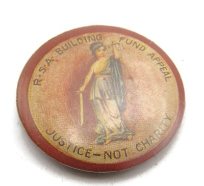 Vintage RSA Building Fund Appeal Justice Not Charity Celluloid Pin