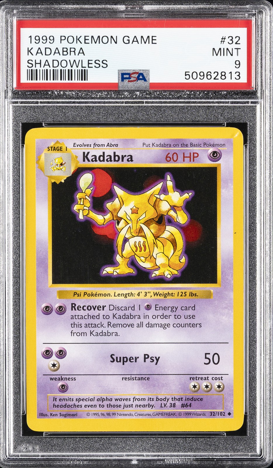 1999 POKEMON BASE SET SHADOWLESS #32 KADABRA PSA 9
