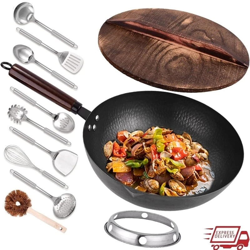 11PCS Carbon Steel Wok Set W/ Wooden Lid Cooking Tools Durable Nonstick Pan New