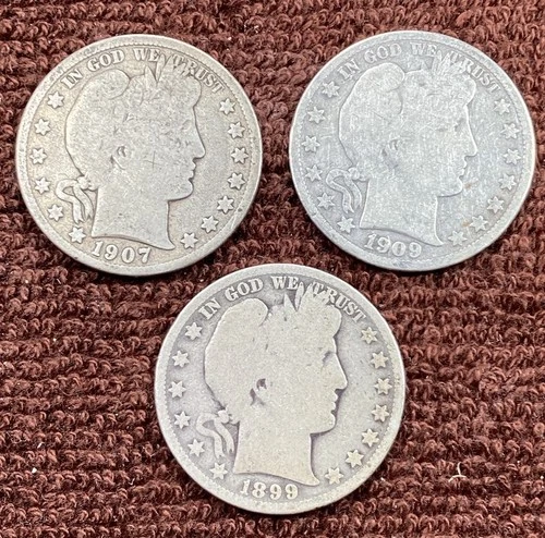 90% Silver Barber Half Dollars (lot Of 3) 1899-O 1907-S 1909-O. Free Ship. (3)