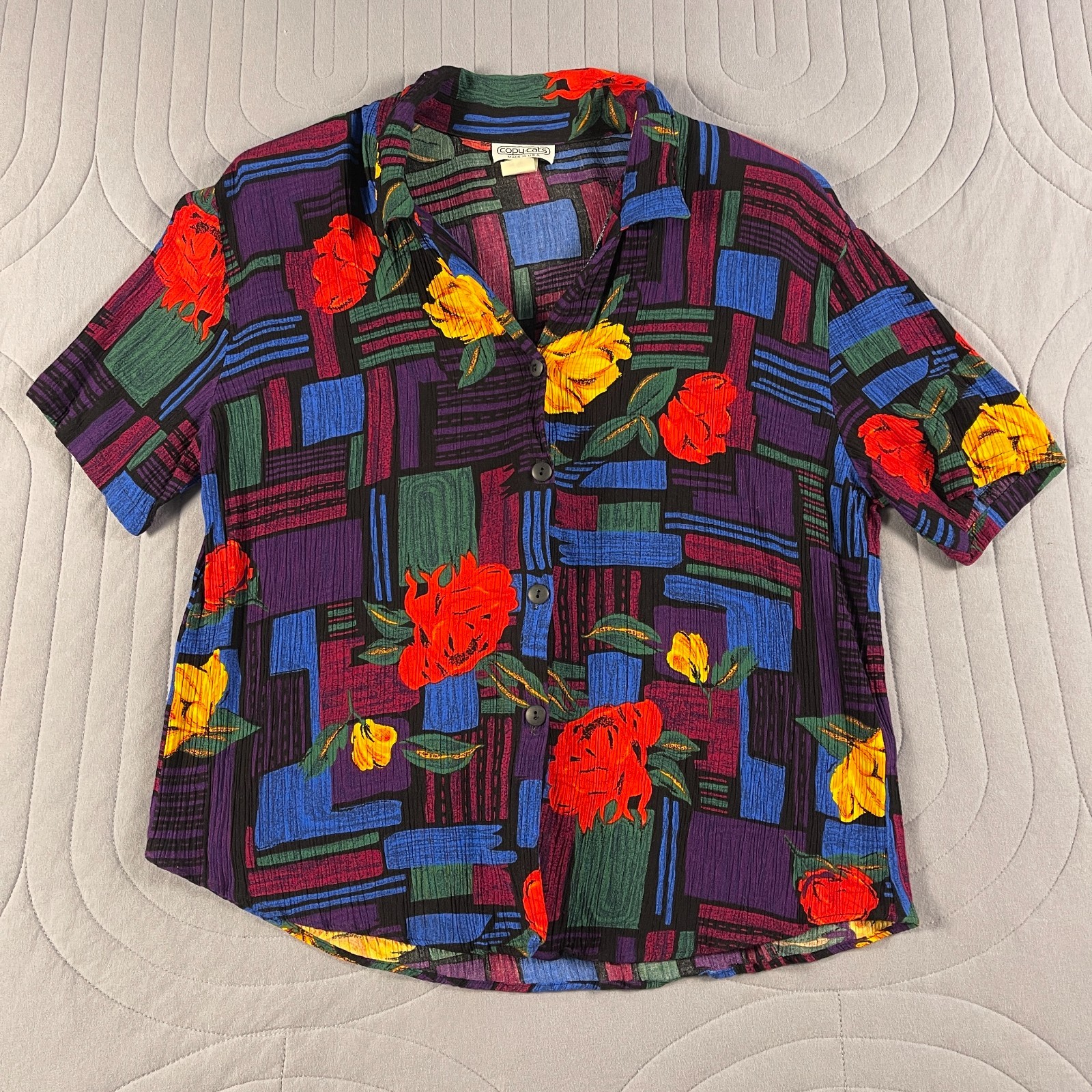 Vintage Copy Cats Rayon Blouse Womens Medium USA Colorful Abstract Floral 90s