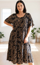Virtuelle Dress Size 22 Black Brown Floral Midi Relaxed Party Casual Travel
