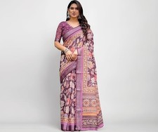 Women's Cotton Linen Printed Saree with Unstitched Blouse Piece