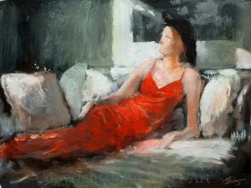 GIRL ON SOFA ORIGINAL CONTEMPORARY FINE ART PAINTING 41 x 31 cm by  JOHN SILVER