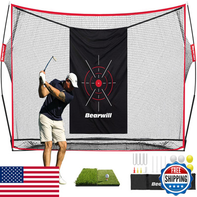 Bearwill Golf Net 10X7Ft Heavy Duty Golf Practice Nets Mat Target Cloth 8 Tees