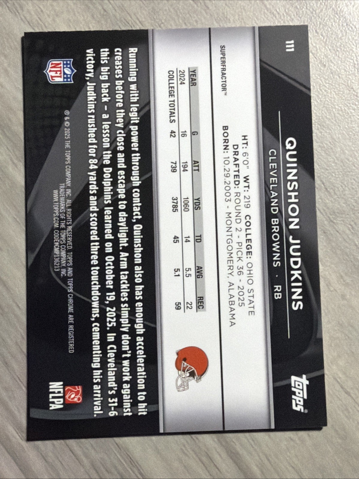 2025-26 Topps Chrome Black Quinshon Judkins Superfractor Rookie Browns 1/1 view 2