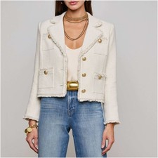 New L'Agence Sylvia Tweed Jacket Ivory Light Gold