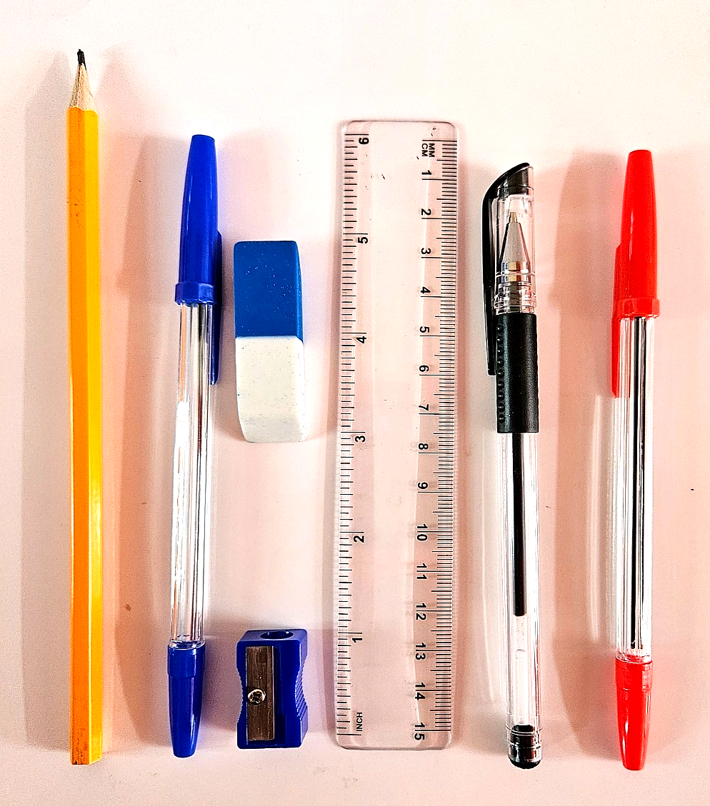 School Stationery Set 7pcs - Gel Pen Ballpens Ruler Pencil Eraser Sharpener