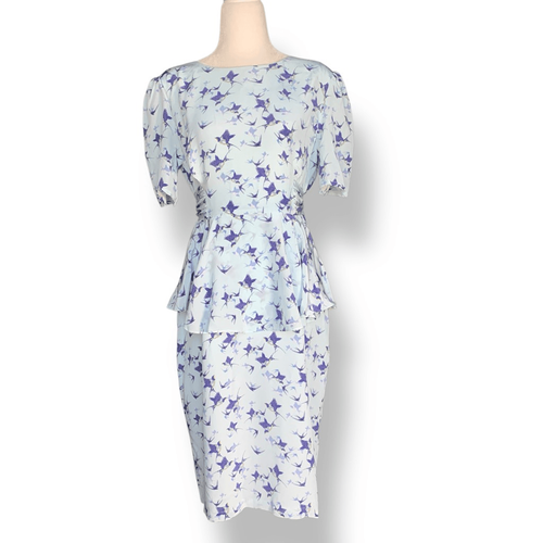 Project D London Silk Peplum Dress Blue Bird Print Retro 90s Tea Dress Bow Back - Picture 3 of 15