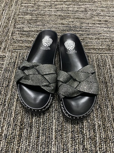 Vince Camuto Leather Slide Sandals Kevind Black Rhinestones Size 8.5 - Picture 4 of 7