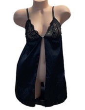 FREDERICK S OF HOLLYWOOD Black Shiny Silky Satin Peekaboo Front Nightie M NWT