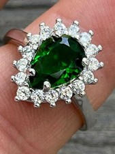 Solid 925 Sterling Silver Pear Green Emerald Simulated Diamond Cocktail Ring