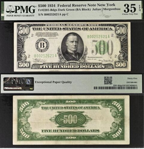 1934 $500 Federal Reserve Note PMG 35EPQ New York Dark Green Seal Fr 2201-Bdgs