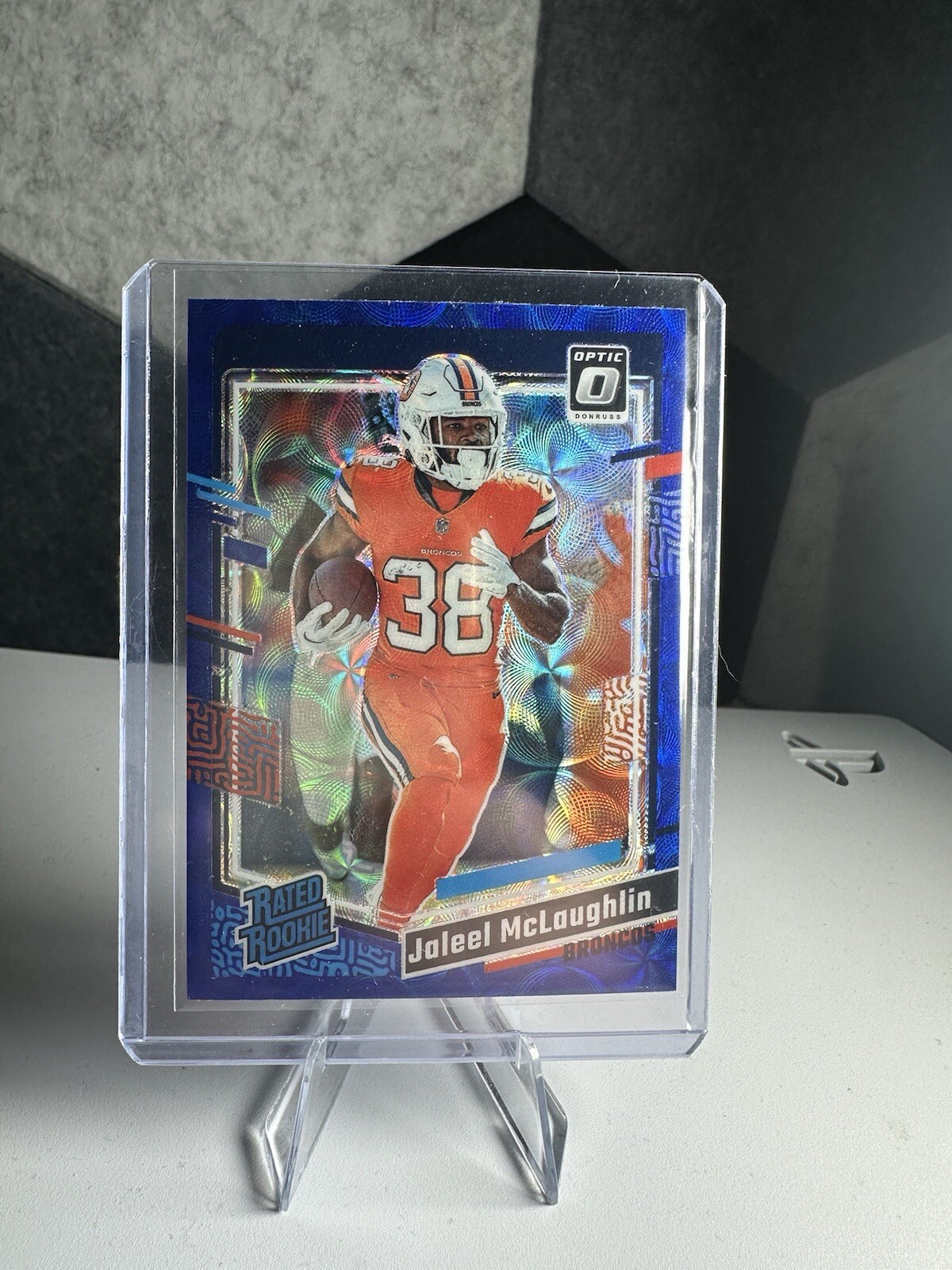 2023 Donruss Optic Football Blue Scope Jaleel McLaughlin RC #232