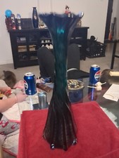 Vintage Hand Blown Art Glass Twisted Teal  Dark Blue Ombre Large 16" Tall Vase