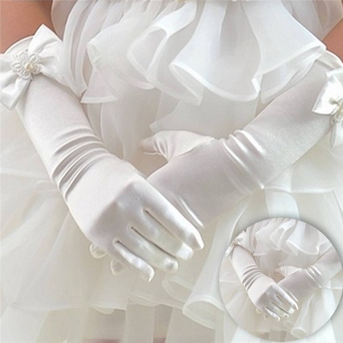 Elegant Pearl Bow Flower Girls Dress Long White Gloves for Kids Baby 3-12 Years - Picture 4 of 18