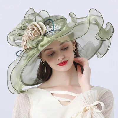 Femme Large Bord Église Chapeau Robe Organza Mariage Floral Casquette Thé Fête - Photo 1/4