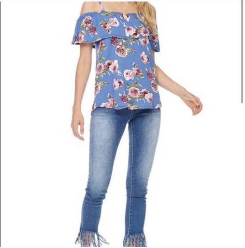 Bom Bom Blue Floral Spaghetti Strap Off Shoulder Top Summer Casual Shirt Large - Picture 5 of 6