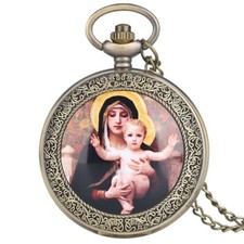 Religious Style Virgin Mary and Jesus Quartz Pocket Watch Pendant for Women Men