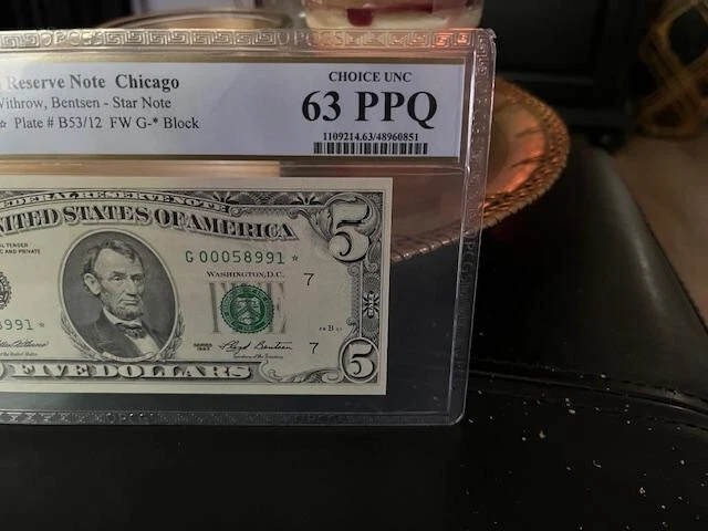 1993 $5 Five Dollars FRN Chicago, Star Note, PCGS 63 PPQ Fr. 1983-G* G 00058991* - Image 2 of 3