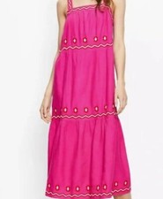 LOFT Embroidered Tiered Square Neck Midi Dress - Pink Flare - Size Small
