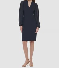 Vince Camuto Women's Blue Mixed-Media V-Neck Balloon-Sleeve Dress Size 8