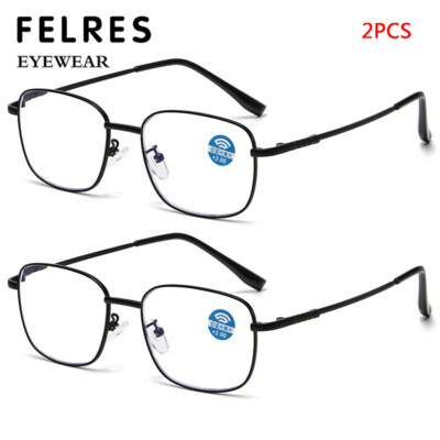 2 Pairs Men Metal Square Anti Blue Light Reading Glasses Clear Lens Glasses New