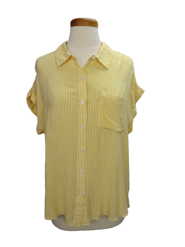 Cosmic Blue Love Blouse Size Large Yellow White Stripes Short Sleeves Pocket - Picture 5 of 5