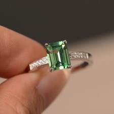 Lab created Green Sapphire Rings Emerald Cut Rings Sterling Silver Wedding Rings