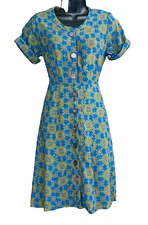 Vintage 1950s blue gold dress, cotton summer short sleeve shirt rayon green S