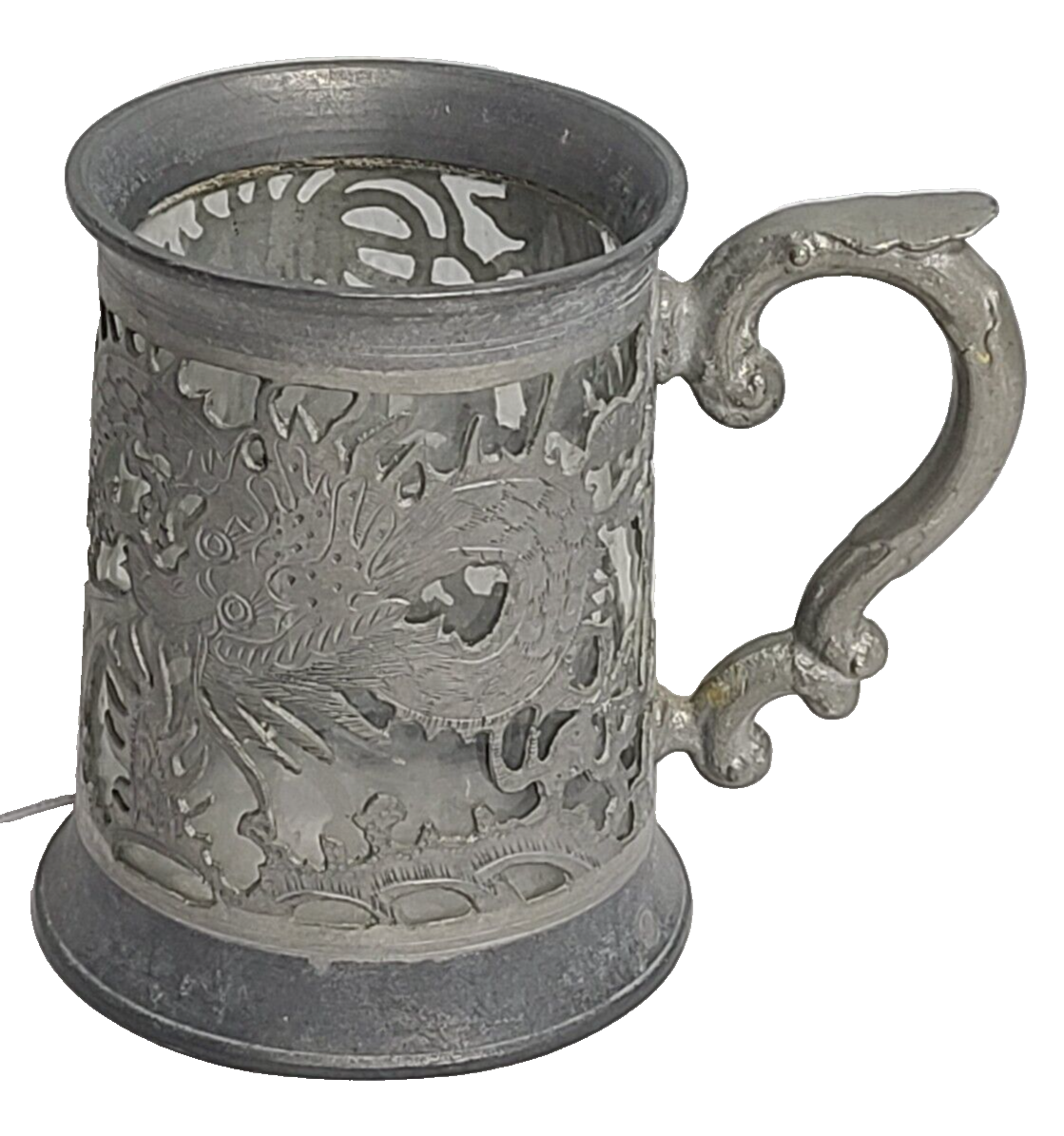 LonKee Swatow Detailed Cutout Pewter Dragon Mug Stein Glass LonKee Swatow Detailed Cutout Pewter Dragon Mug Stein Glass