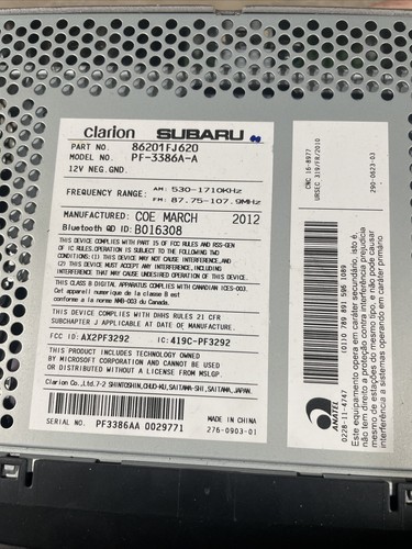 2012 Clarion Subaru Bluetooth AM FM Radio Receiver CD PF-3386A-A, 86301FJ620 OEM - Picture 3 of 3