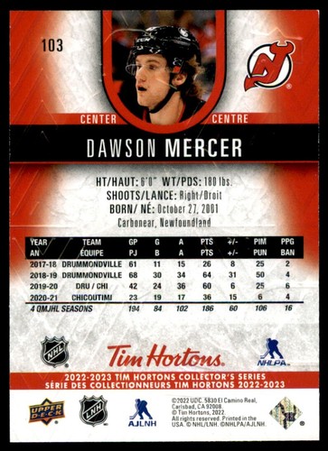 2022-23 Upper Deck Tim Hortons Dawson Mercer #103 - Picture 2 of 2