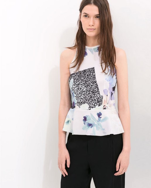 NEW zara peplum top floral print pink yellow blue black TRF size S Small | eBay