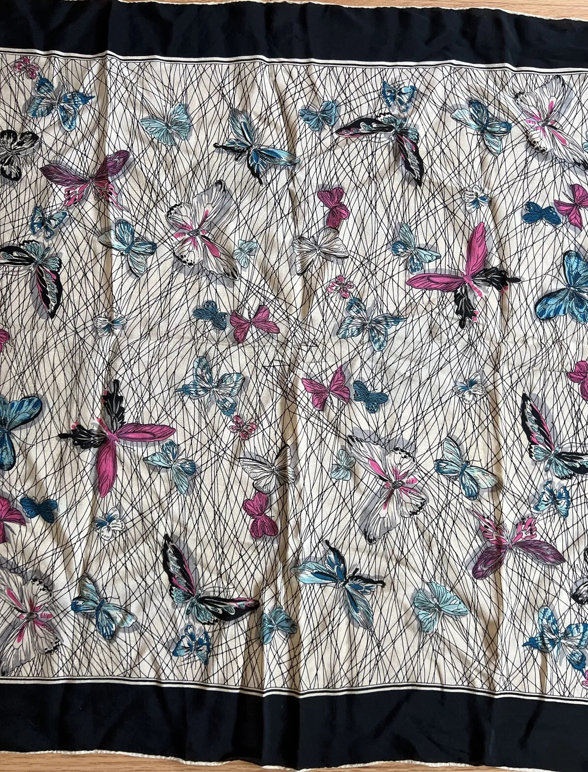 VTG Scarf Silk Crepe Black Netted Butterflies Han… - image 2