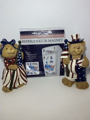 Patriotic USA Flag Vintage Couple Bears Figurines & Magnet (Rare