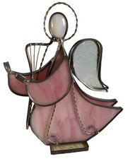 Stained Glass Angel Figurine Pink Harp Glass Wings Handcrafted Unique Decor 7.5  