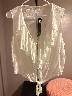 IRIS Basic White Crop Top with Tie, Button Up, Lace Back Sz 1X