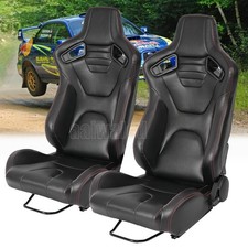 Pair Universal Black PVC Leather Adjustable Reclinable Racing Seats w/ Sliders
