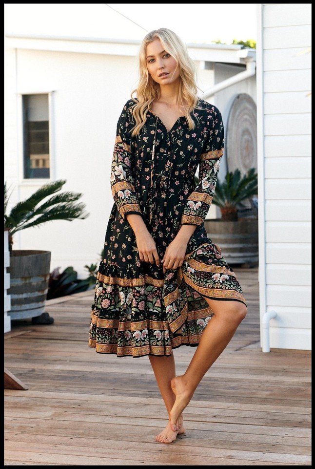 JAASE Eternity Print Olly Black Floral 3/4 Sleeve A-Line Midi Dress Pockets 16