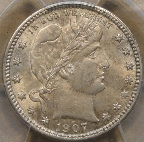 1907 Barber Quarter 25c PCGS Certified AU58 as Pictured