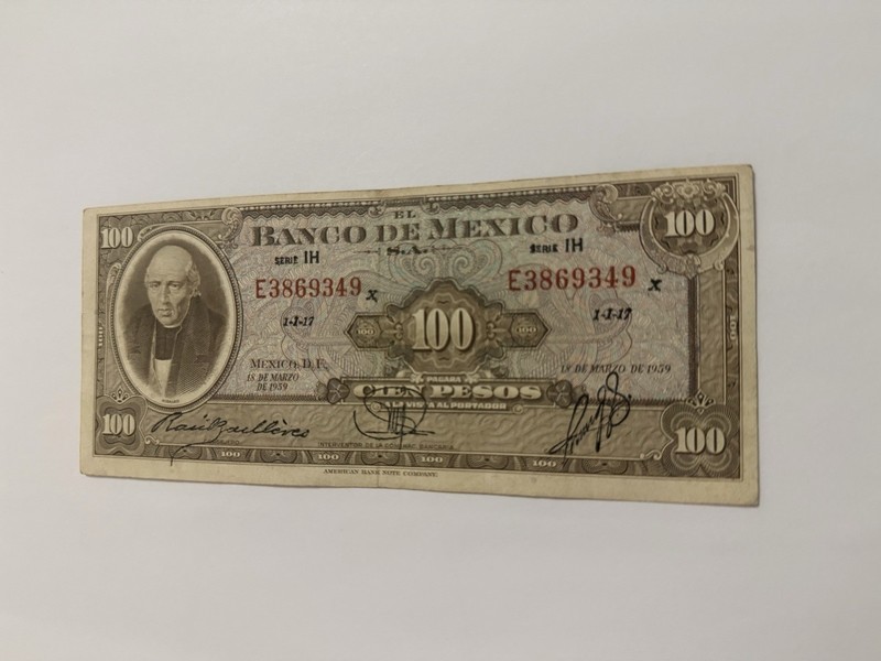 MEX Bank Notes: El Banco de Mexico S.A, 100 Pesos 1959 Serie IH I-1-17
